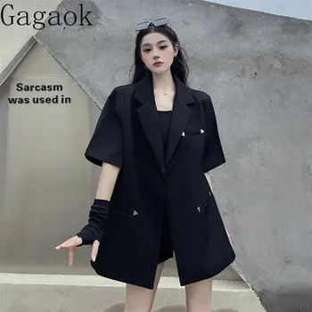 Gagaok, черни якета, Дамски Летни новости 2023, обикновена Сака с ревери и къс ръкав, Свободна мода Harajuku, Градинска дрехи, Ежедневни палто