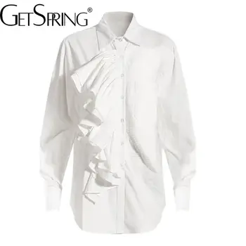 Getspring Дамска Блуза 2023 Пролет Лято Асиметрична Бяла риза с волани, простроченный джоб, плисе Свободни универсални дамски блузи