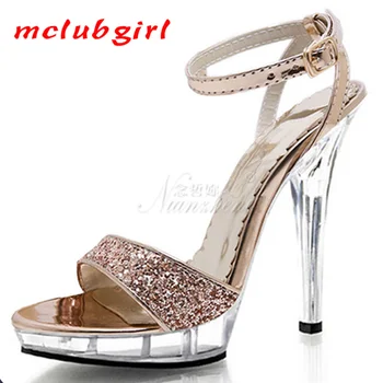 Mclubg/ дамски обувки на принцесата на ток 15 см със златен блясък и тока в една дума, рокля на много високи токчета, дамски сандали за банкет
