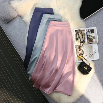 Midi сатенени поли на жените 2022 Лятна еластична лента трапецовидна форма на Луксозна висококачествена корейската мода однотонная проста коприна на полата