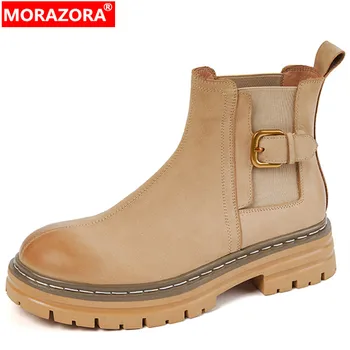 MORAZORA 2023, нови обувки в стил ретро платформа до глезените, дамски обувки от естествена кожа без закопчалка, дамски обувки на средно квадратен ток