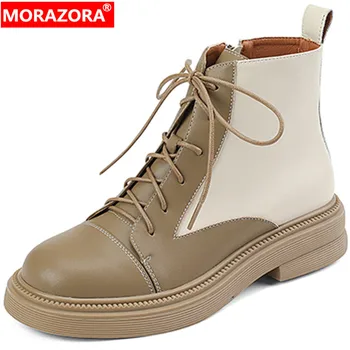 MORAZORA/новост 2023 г., многоцветни ботильоны на платформа, дамски обувки от естествена кожа, обувки с цип в гъст средно ток