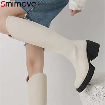 Smirnova 2023 Нови модни зимни ботуши с цип и платформа, дамски ботуши до коляното от микрофибър, дамски сандали на дебел висок ток