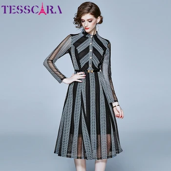 TESSCARA, бельо пролет-есен елегантно бельо рокля-риза, дамски дизайнерски халат за Офис и партита, висококачествено винтажное един коктейл Рокля