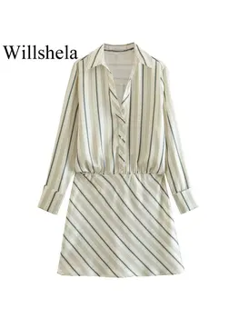 Willshela, Дамско модно шарени однобортное мини рокля, винтажное рокля с дълги ръкави и деколте с ревери, Дамски шик дамски рокли