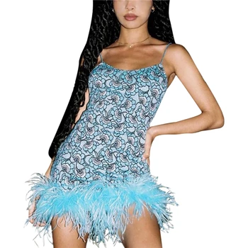 Xingqing y2k, естетическо мини-рокля без ръкави с цветен принтом, Секси женски прилепнали рокли за спагети презрамки с пера, празнична облекло