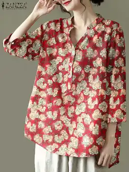 ZANZEA, памучен бельо туника Оверсайз, дамски блуза с флорални принтом, модерна риза с дълъг ръкав, ежедневни празнични върхове със свободните бутони в ретро стил