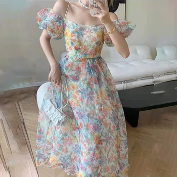 Винтажное Макси рокля с цветен модел в корейски стил, дамски рокли Harajuku Fairycore, Дълги рокли Cottagecore, инди-козметична дрехи на корейската мода