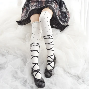 Висококачествен памучен жакард трикотажни бретельки, чорапи за момичета в стил Лолита, чорапи с вълнообразни точка, чорапи до коляното