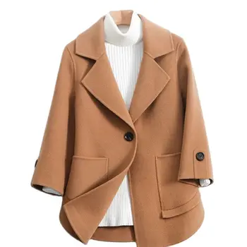 Висококачествено кратко вълна палто дамско 2023, Новостите на пролетта, есента на мода, без универсален костюм, яката на една пуговице, вълнена дамско палто