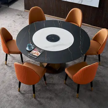 Внесени маса за хранене от кръгла плоча с вграден повратна кръг, битова кухненска маса и четири стола, мебели за помещения от твърди частици