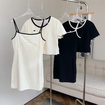 Годишният случайни комплект 2023, женствена рокля без ръкави в цвят блок, однобортная тениска с кръгло деколте, Комплект от две части