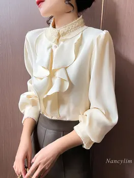 Дамска блуза с волани високо качество, пролет-есен, 2023, абрикосовая риза в ретро стил, темперамент светска българия, офис женски универсални капаци