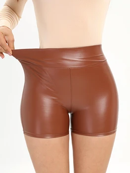 Дамски гъвкави клубни къси панталони от изкуствена кожа с висока талия и секси дискотечные къси панталони, топли панталони, байкерские къси панталони, големи размери 4XL 5XL, танцови шорти