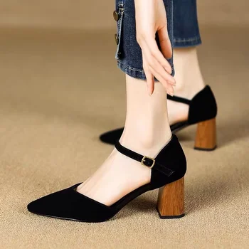 Дамски класически бежови обувки на квадратен ток за партита, дамски класически черни обувки-лодка от изкуствена кожа за нощен клуб Sapato Feminino