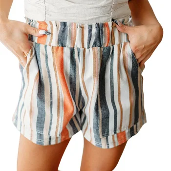 Дамски къси панталони в контрастен цвят на ивици, ежедневни ретро, с висок колан и джоб, свободни тънки къси панталони