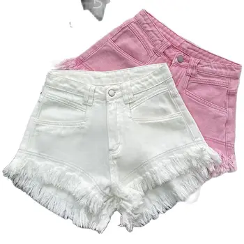 Дамски Летни 2023 Нови Секси розови дънкови къси панталони с пискюли и висока талия