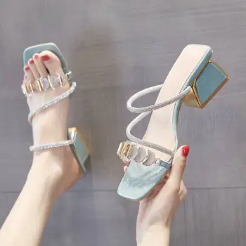 Дамски летни горна дреха От дебел ток, Модни сандали с кристали, дамски новост 2023 г., дамски обувки на среден ток с една дума