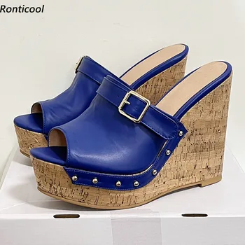 Дамски летни обувки с каишка отзад, ръчно изработени Ronticool на танкетке с шипове и отворени пръсти Красиви сини вечерни обувки женски Големи размери САЩ 5-20
