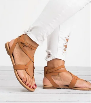 Дамски летни улични сандали, големи размери 43, дамски кожени ежедневни плажни обувки на плоска подметка с каишка и катарама на ток