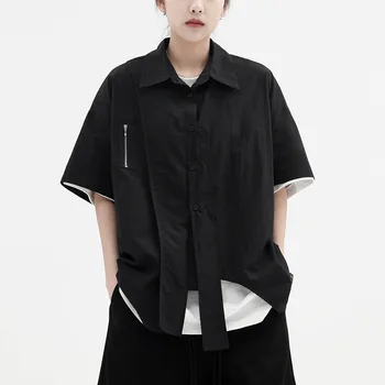 Дамски нерегулярная риза с къс ръкав, лятна новата японска мода, свободна риза със средна дължина, голям универсален случайни топ
