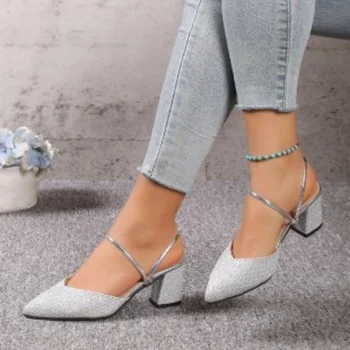Дамски сандали в масивна ток Лято 2023, нова мода удобни елегантни дамски обувки на среден ток, ежедневни дамски луксозни обувки-лодка