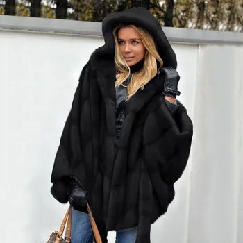 Дамско палто от изкуствена кожа, луксозна елегантна однотонная топла горна дреха с ръкави, темпераментен яке с качулка