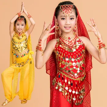 Детски индийски костюм за танц на корема, комплект от 5 елемента (топ, колан, Панталони, шапки и колие), Болливудские танцови костюми за момичета