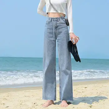 Директни широки дънки за жени, корейски модни дънкови панталони с висока талия, широки удобни ежедневни панталони, градинска облекло оверсайз