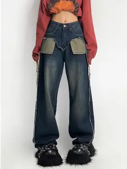 Дънки за бременни в американския ретро стил, широки панталони, оръфан лоскутные дънки гаджето си за жени, дънкови панталони корейската мода