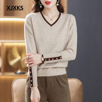 Жена жилетка XJXKS 2023, пролетно-есенно-зимни нови дамски пуловери, удобен вязаный пуловер от мека вълна