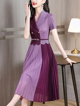 Жена корейското модно плиссированное дълга рокля в стил мозайка, лятно ново дебнещ вечерна рокля с къс ръкав 2023, Рокли на световни марки