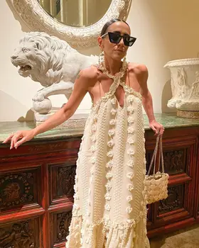 Жена лятно Макси рокля без ръкави на спагети презрамки, модерен плажен дълга рокля в стил мозайка с цветен модел, Елегантна комбинация, празничен сарафан с отворен гръб
