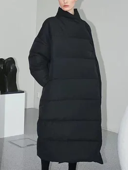 Жена черен класически пуховик с яка-багажник, зимни наклонена пуговица, женски утолщенное топло дълго палто с джобове