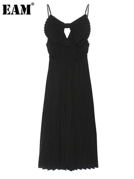 [ИАЛ] Женско Черно плиссированное рокля на спагети презрамки с лък, ново рокля с V-образно деколте, без ръкави, свободно намаляване, мода приливи и отливи, пролет-лято 2023 1DE6074