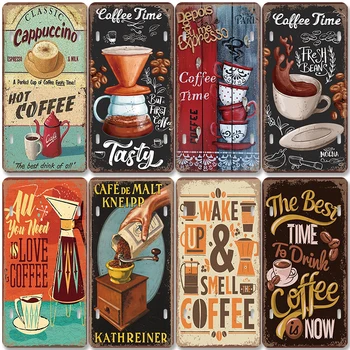 Кафе Плакат На Стари Метални Консервени Означения Чаша Кафе На Зърна Капучино Регистрационен Номер Стенен Интериор На Кафе-Бар И Трапезария Начало