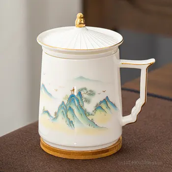 Китайска чаша за филтриране и отделяне на чай с капак от овча кожа, нефритови порцелан, домашна посуда, офис чаша, подарък кутия, чаена чаша