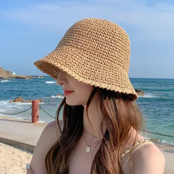 Корейската версия на женската сламени шапки, летни дишаща сламена шапка за предпазване от слънце, за почивка на море, сгъваема солнцезащитная шапка Рибар