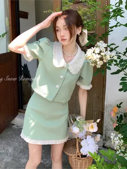 Корейски сладък комплект от две части, на женската риза, блуза, съкратен топ + мини поли, комплекти с лек аромат, костюми от 2 теми, летните комплекти дамско облекло