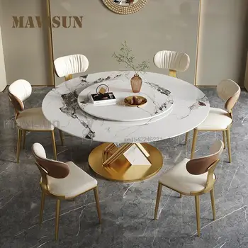 Кръгла маса със завъртане на 360 °, лъскав въртяща се маса, обзаведен с мебели в рамка от неръждаема стомана, кухненска маса и стол от каменни плочи