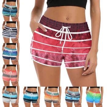 Летен тренд Класически цветен контраст с градиентной ивица, спортни панталони за фитнес, хавайски плажни панталони с еластичен ластик на талията