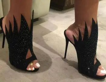 Летни велурени сандали с отворени пръсти във формата на горещ пламък, дамски сандали, без закопчалка, дамски сандали с изрезки, дамски секси обувки за партита
