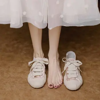 Летни дамски обувки 2023, дишащи обувки на платформа, парусиновая обувки, ежедневни дълбока модни универсална дълбока чрез шнурове