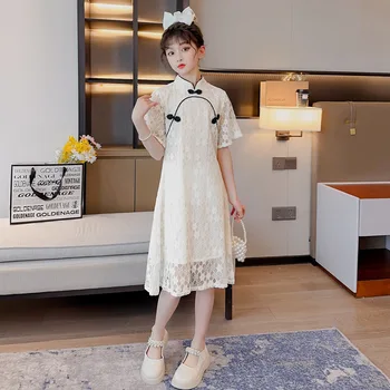 Лятна рокля за момичета 2023, Новата Модерна Пола-Ципао с къс ръкав и копчета в китайски стил Hanfu, Однотонная Тънка пола в стил