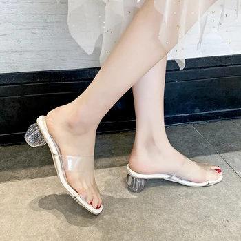 Лято 2023, Киберкрасный, същия размер, по-големи преки сандали на висок ток с прозрачна лента, дамски сандали на дебел ток, украсени с кристали