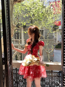 Лято 2023, мини-рокля Y2k с цветен модел, Дамско Елегантно Късо вечерна рокля, Дамски тънка червена рокля