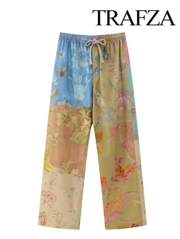 Модни цветни панталони TRAFZA с широк ластик на кръста, тънки ежедневни панталони за пътуване до работа, елегантни дамски панталони за почистване в тон, подходящ по цвят