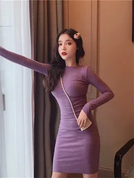Нова корейска реколта пола на пъстри цветя, секси облегающая пола на бедрата, дамское модно рокля с дълъг ръкав, дамски елегантни рокли с по-тънък дъното