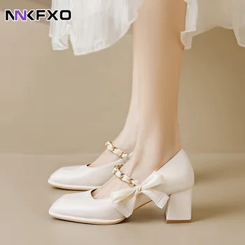 Нови дамски обувки Mary Jane на висок ток в приказен стил с квадратни пръсти на дебелите обувки, дамски модни обувки пролет