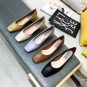 Офис дамски обувки-лодка с квадратни пръсти, дамски обувки без закопчалка, 5 цвята, бабини обувки talons hauts в гъст средно обувки, дамски обувки 2021